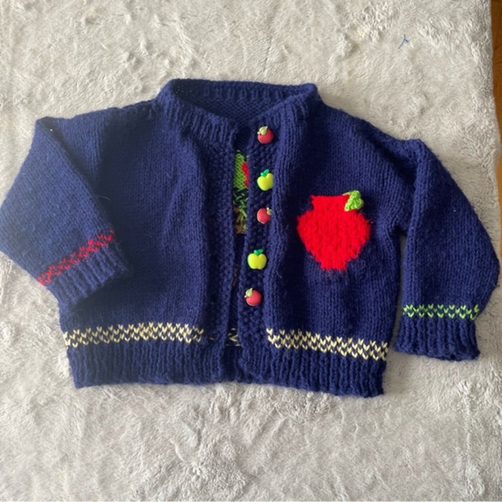 Vintage Hand-Knit Navy Cardigan with Red Apple Motif size 5T